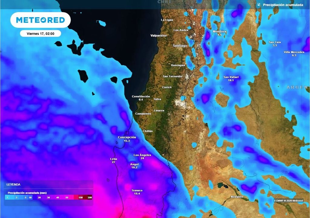 Precipitación acumulada hasta la madrugada del viernes muestra montos concentrados entre Ñuble y Biobío, con mayor presencia en sectores costeros y sin alcanzar la zona central.