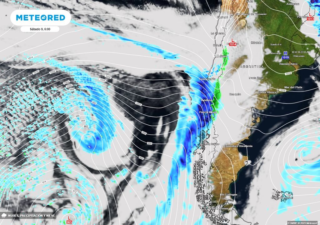 Sistema frontal sobre el continente, previsto para el sábado con lluvias en la zona sur