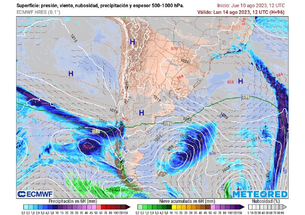 Presión y precipitación previstas por el modelo del ECMWF