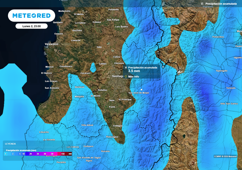 El modelo del ECMWF indica que caerían alrededor de 3 mm en sectores precordilleranos.