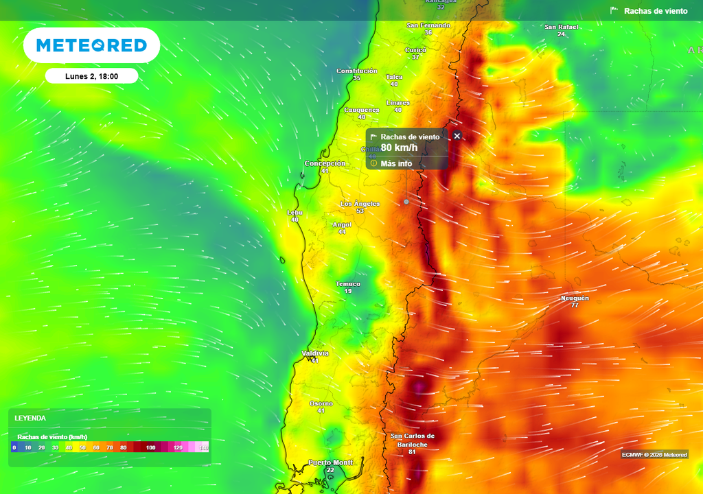 Pronóstico próxima semana en Chile centro sur, Meteored Rachas de viento (km/h) para la tarde del lunes 02 de febrero 2026 en Chile centro sur.