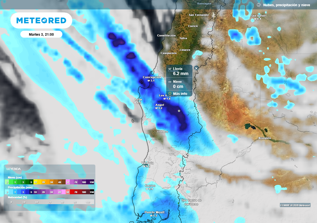Pronóstico próxima semana en Chile centro sur, Meteored Precipitación (mm) para la noche del martes 03 de febrero 2026 en la zona centro sur de Chile.