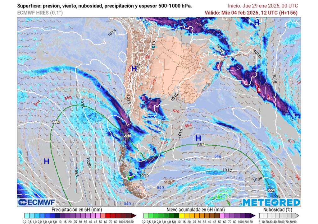 Pronóstico próxima semana en Chile centro sur, Meteored Precipitación (mm) para la mañana del miércoles 04 de febrero 2026 en Chile.