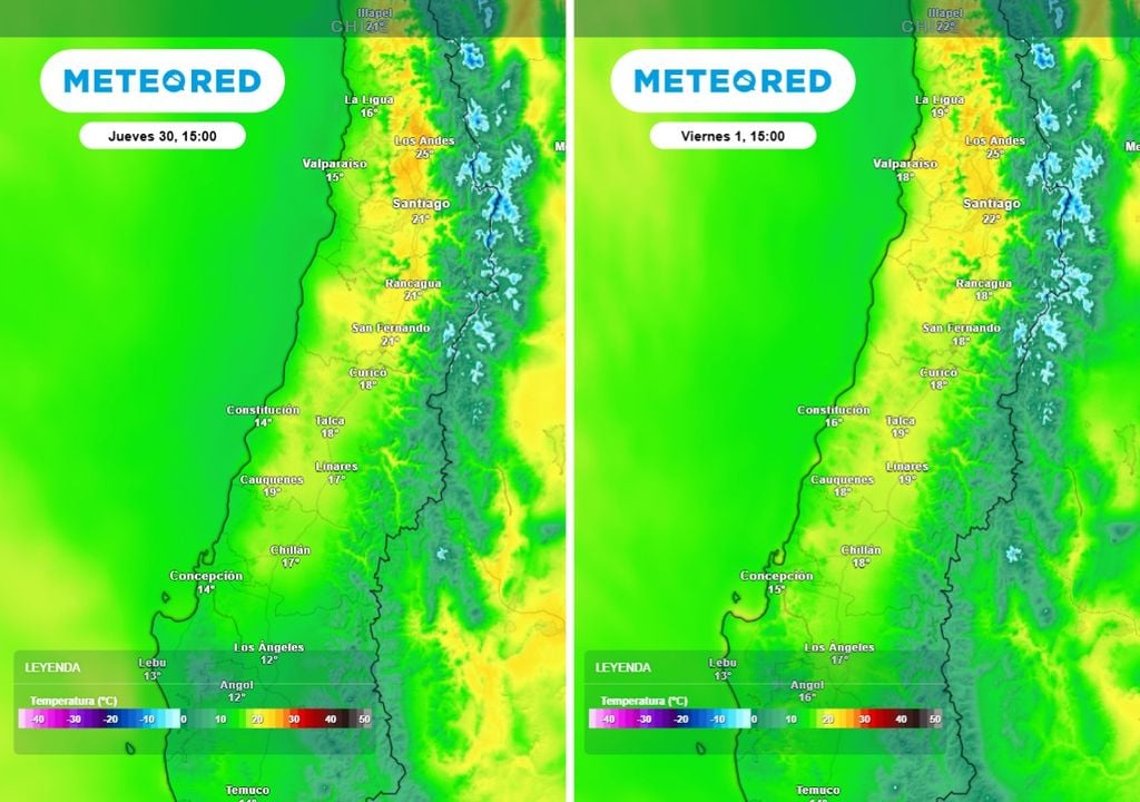 Temperaturas máximas previstas para jueves y viernes en la zona central: ambiente templado a cálido en el interior y más fresco en la costa, bajo condiciones estables previas al cambio de tiempo.