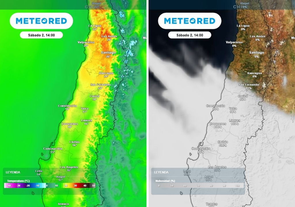 Temperaturas y nubosidad para el sábado: aumento de las máximas en el centro-norte, mientras el centro-sur se mantiene más fresco. Desde el Maule hacia el sur comienza el ingreso de nubosidad asociada al sistema frontal.