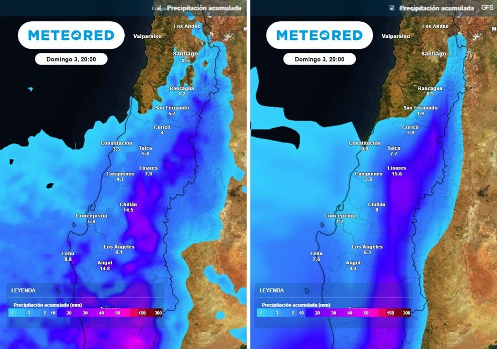Precipitación acumulada según modelos ECMWF y GFS: aunque los mayores montos se concentrarán en el centro-sur, ambos coinciden en posibles lluvias débiles en sectores interiores del centro-norte.