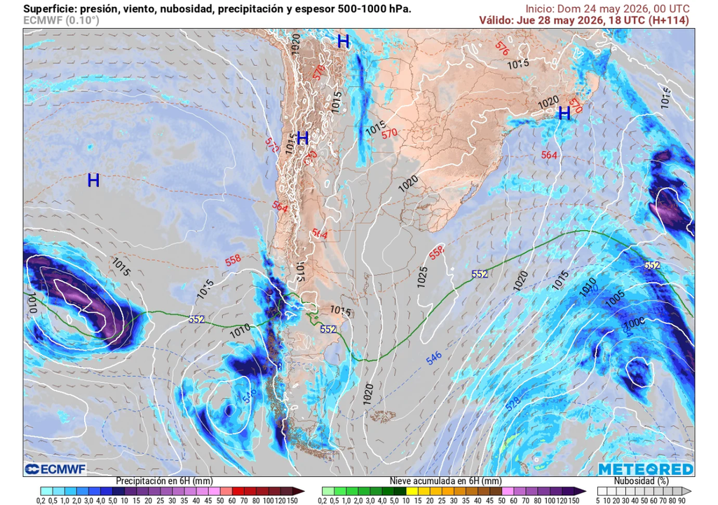 sistema frontal sobre Chile El sistema se moverá con precipitaciones hacia el sur de Chile y la Patagonia.