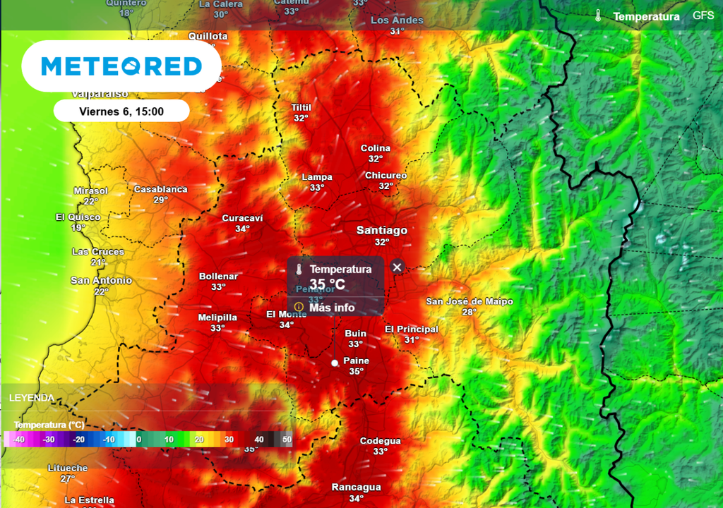 Este viernes (6) el modelo norteamericano GFS indica hasta 35 °C en zonas de la RM.