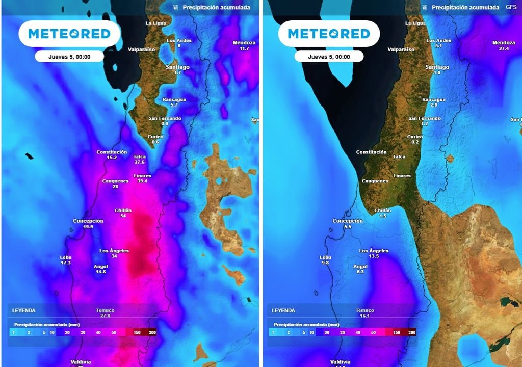 ¿Dónde lloverá más? Tanto el ECMWF (izquierda) como el GFS (derecha) apuntan al centro-sur como la zona más favorecida, pero el modelo estadounidense disminuye las precipitaciones y las desplaza hacia el sur.