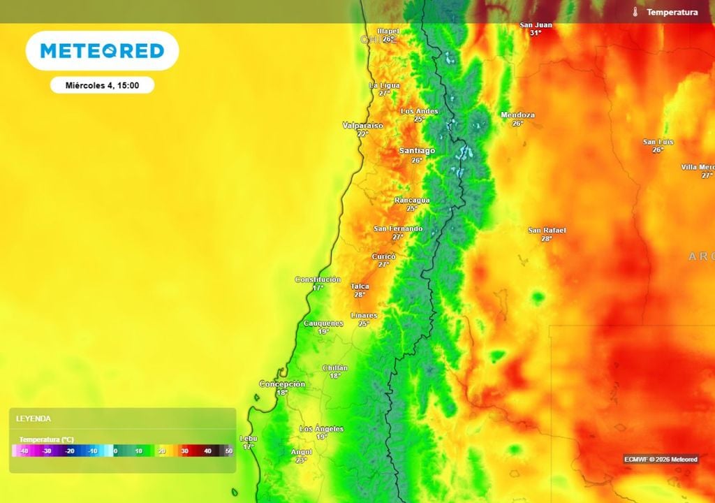 A diferencia de lo habitual en verano, cuando las máximas superan los 30 °C en sectores interiores, esta semana la zona central registrará temperaturas más moderadas. Ciudades como Chillán y Los Ángeles apenas alcanzarán los 20 °C