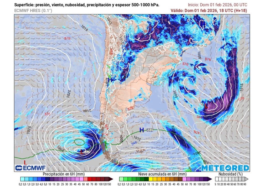 Así se observa el sistema frontal durante el lunes en el sur del país: la banda frontal avanzará progresivamente hacia el norte, anticipando cambios en la zona central.