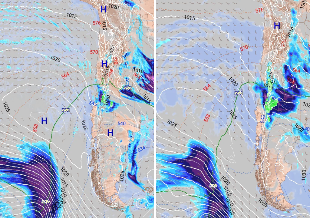 Modelos se alinean poco a poco: tanto el ECMWF (imagen izquierda) como el GFS norteamericano (imagen derecha) muestran lluvias en Santiago en distintos horarios del jueves próximo.