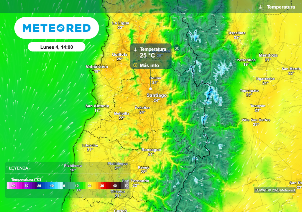 Cerca de 25 °C este lunes arrancando la semana en Santiago y la RM, según el modelo europeo.