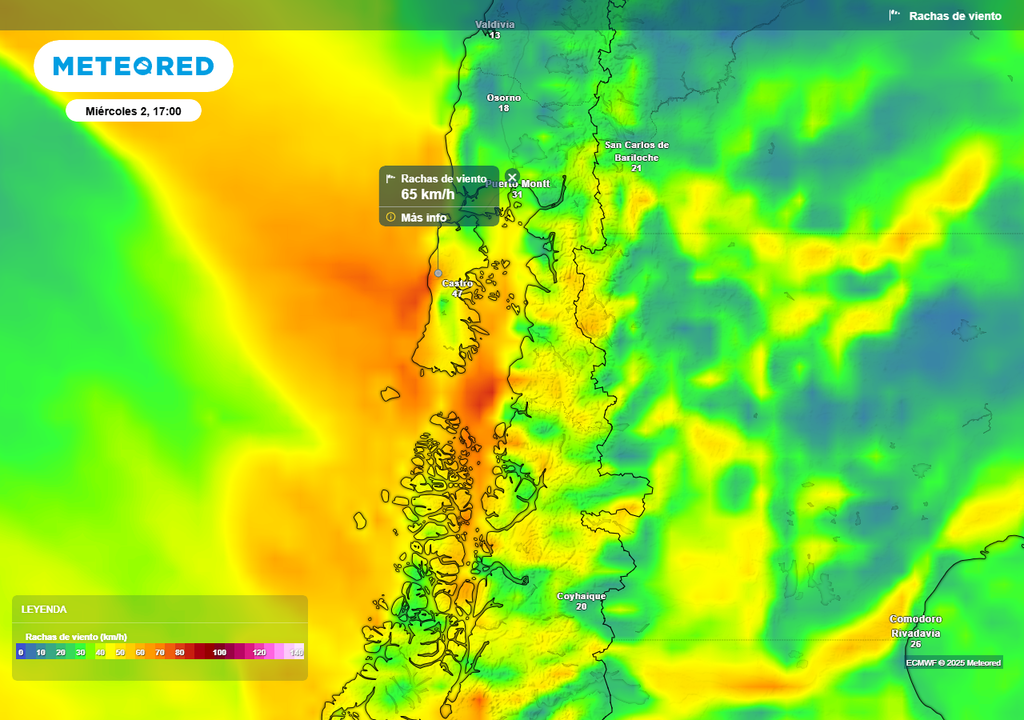 Sistema frontal, río atmosférico y lluvias en la Región de Los Lagos, Meteored, Chile