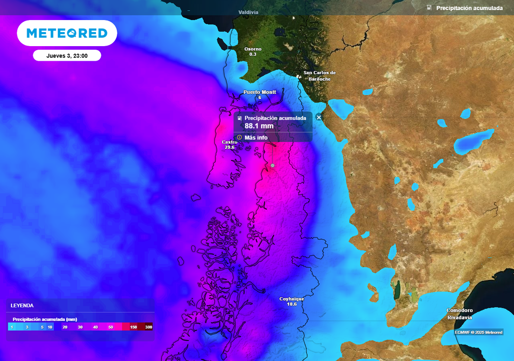 Sistema frontal, río atmosférico y lluvias en la Región de Los Lagos, Meteored, Chile