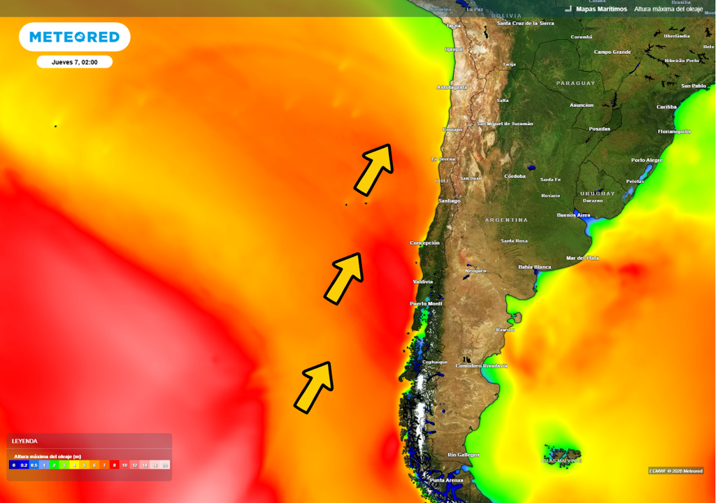 Oleaje intenso se aproxima desde el suroeste hacia la costa de Chile, asociado al sistema frontal que generará marejadas en gran parte del litoral.