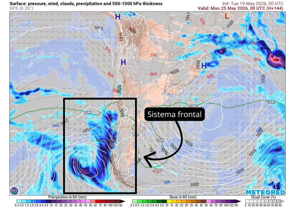 Guerra en la atmósfera por las lluvias de la próxima semana en el centro-sur de Chile, pronóstico de Meteored Sistema frontal que dejaría lluvias en Chile centro-sur, según modelo GFS.