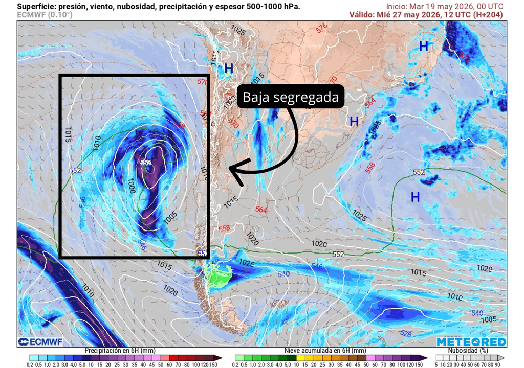 Guerra atmosférica por las lluvias de la próxima semana en Chile centro-sur, Meteored Baja segregada que llegaría con precipitaciones y tormentas eléctricas al centro-sur, según el ECMWF.
