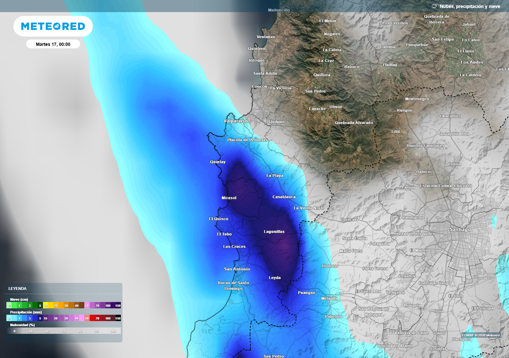 mapa de precipitación. Acumulados de precipitación proyectados por el modelo ECMWF para la madrugada del martes (17): los montos más importantes se concentrarían en el litoral sur de la Región de Valparaíso, especialmente entre El Quisco, El Tabo, Las Cruces y San Antonio.