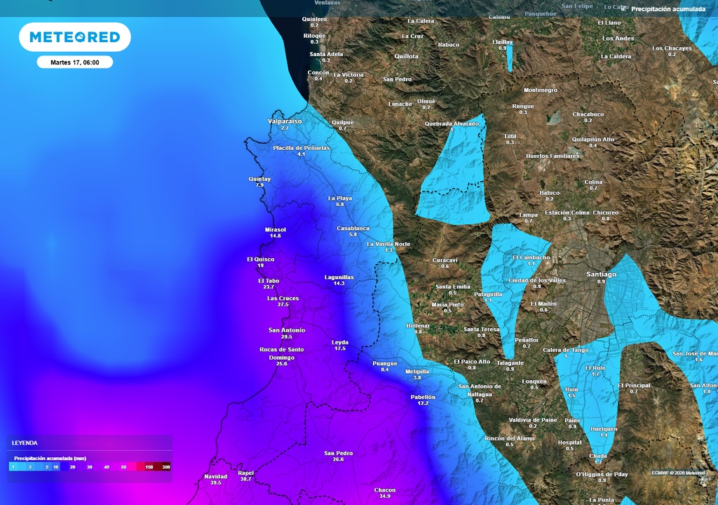 Precipitación acumulada proyectada hasta el martes (17): los mayores montos se concentrarían en el litoral sur de la Región de Valparaíso, donde el modelo ECMWF sugiere los acumulados más altos.