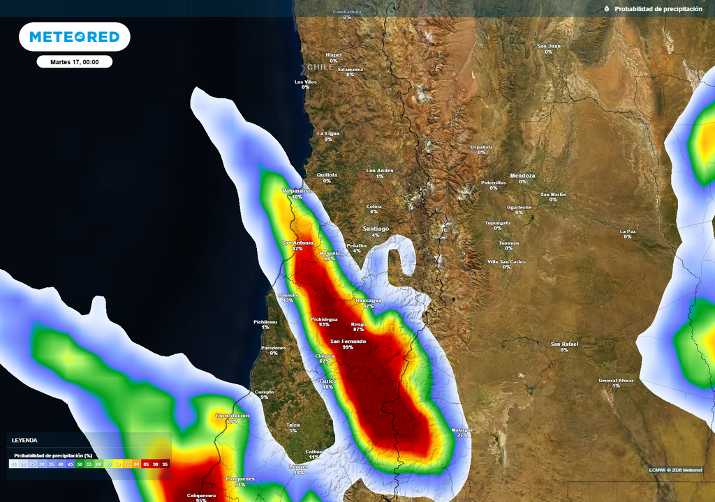 La probabilidad de precipitación indica valores más altos entre la provincia de San Antonio y sectores del interior hacia O’Higgins, mientras que hacia Valparaíso y el litoral norte las probabilidades disminuyen considerablemente.