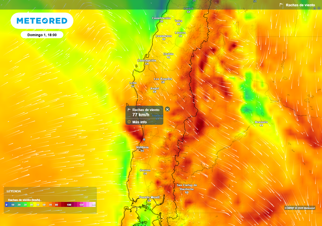 Sistema frontal en Chile centro-sur, pronóstico del tiempo de Meteored Rachas de viento (km/h) para la tarde del domingo 01 de marzo 2026 en Chile centro-sur.