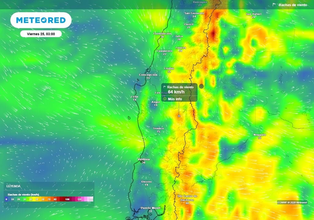 Meteored pronostica más lluvias para Chile centro-sur este fin de semana Rachas de viento (km/h) la madrugada del viernes (25) en Chile centro-sur.