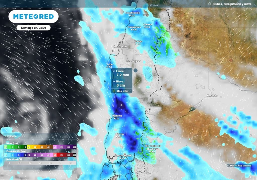 Meteored pronostica más lluvias para Chile centro-sur este fin de semana Precipitación (mm) para la madrugada del domingo (27) en Chile centro-sur.