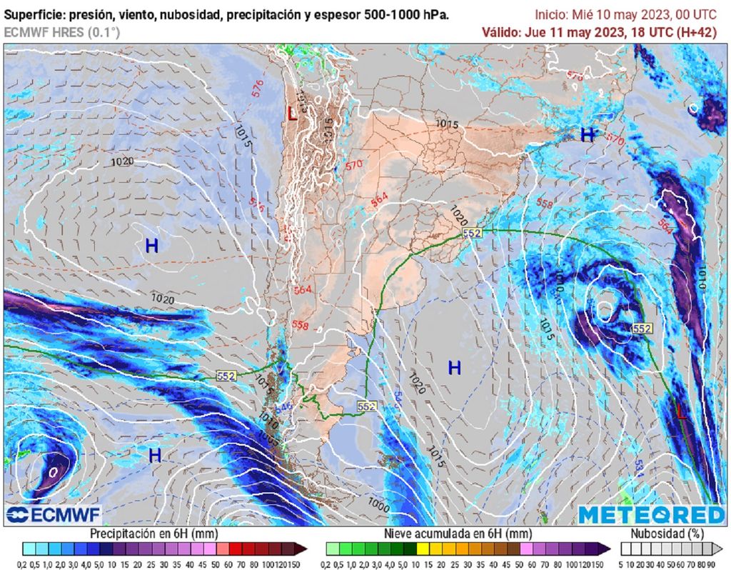 presión, precipitación y nubes previstas; modelo ECMWF presión, precipitación y nubes previstas; modelo ECMWF
