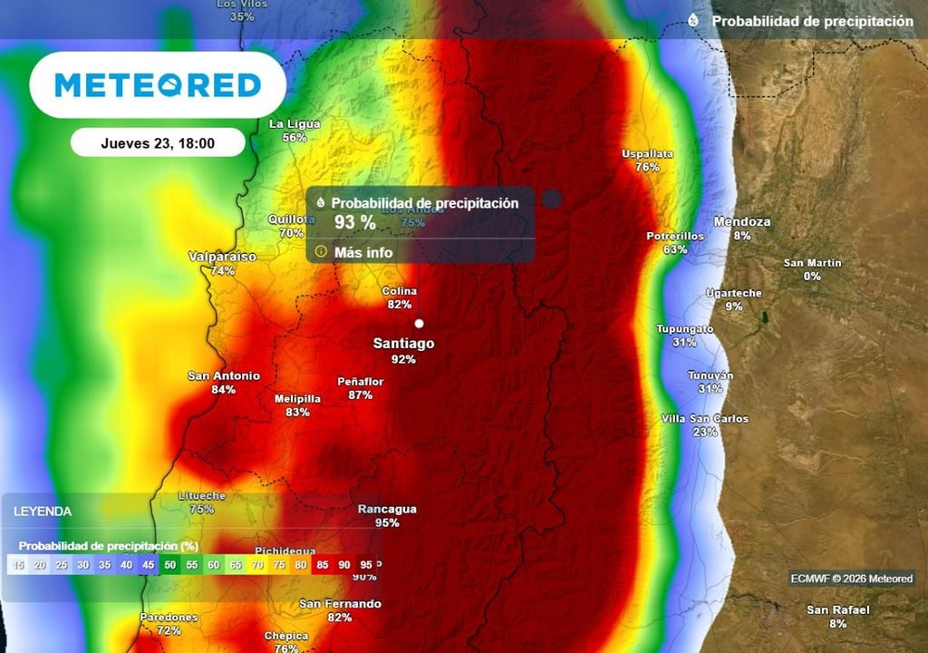 Probabilidad de lluvias El modelo europeo sitúa la probabilidad de precipitaciones sobre el 90 % para la Región Metropolitana, incluyendo al centro de Santiago.