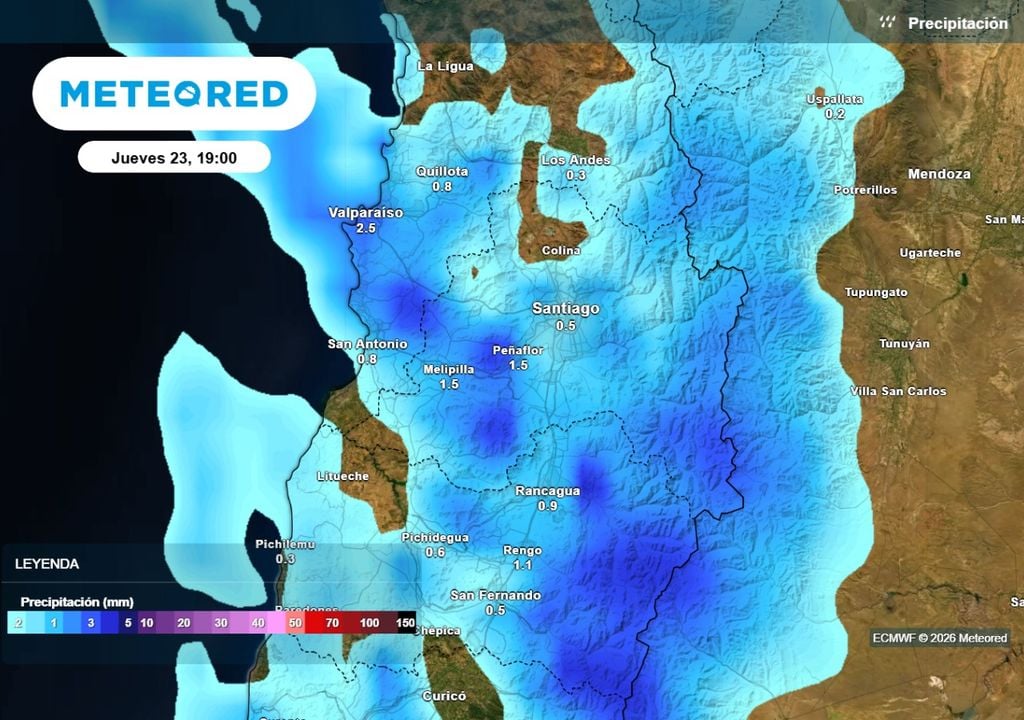 Precipitaciones Sistema frontal jueves 23: las lluvias más fuertes se concentrarían al suroeste de Santiago y hacia la cordillera.