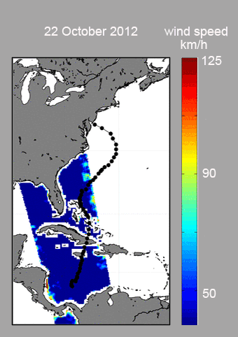 Vientos estimados de Sandy desde satélite SMOS. Trayectoria del huracán en negro.