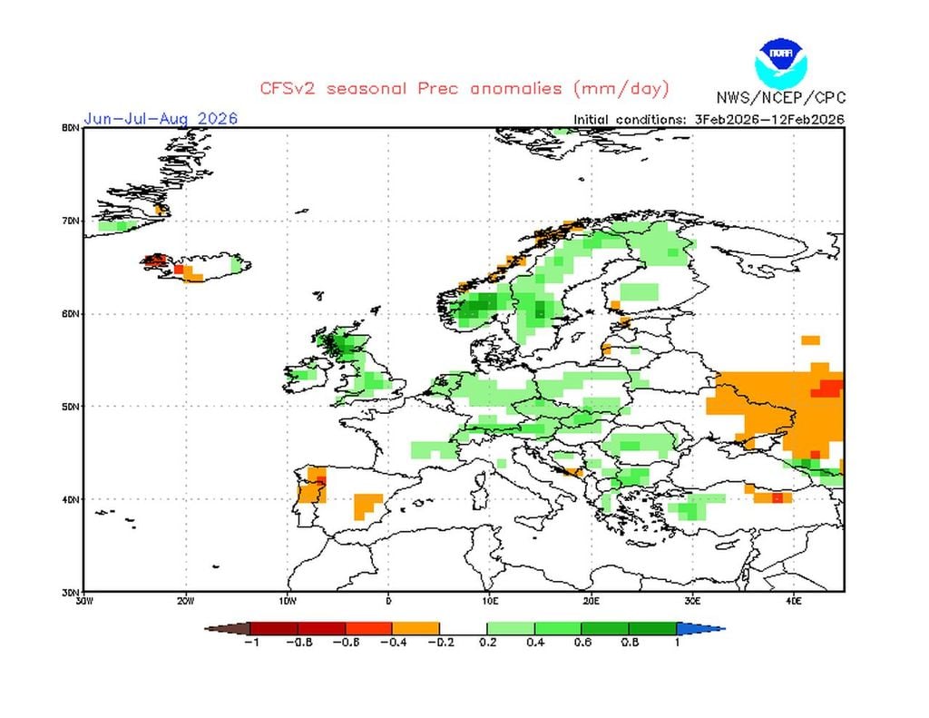 Nach der neusten CFS-Prognose der US-Wetterbehörde NOAA könnte der Sommer 2026 sogar recht nass ausfallen.