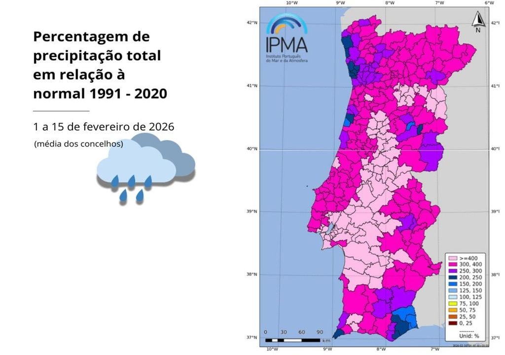 Grande parte do território registou valores entre 300% e 400% do valor normal 1991-2020, sendo mesmo superior a 500% em algumas localidades do Sul do país. Mapa: IPMA