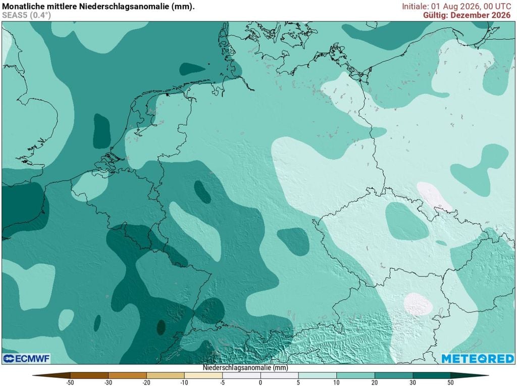 Das europäische Wettermodell ECMWF rechnet mit einem sehr nassen Dezember 2026. Dazu soll der Monat wie auch beim CFS-Modell der NOAA sehr warm werden.