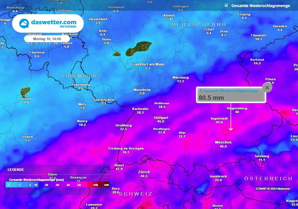 Regensummen, ecmwf, Montag