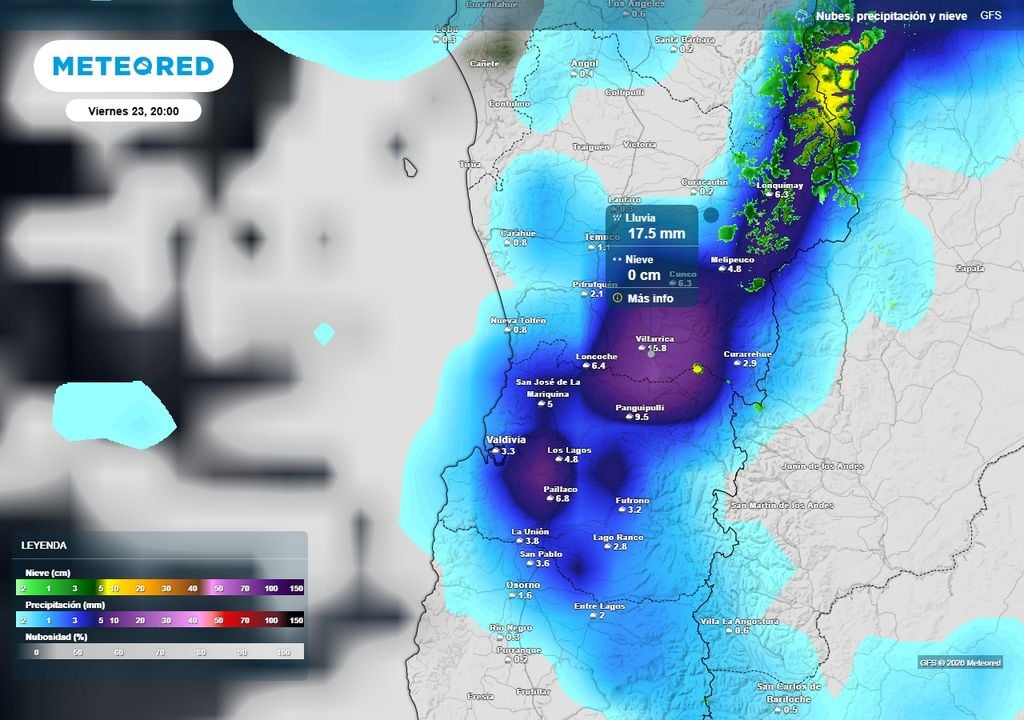 Precipitación (mm) para la noche del viernes (23) en las regiones de La Araucanía y Los Ríos.