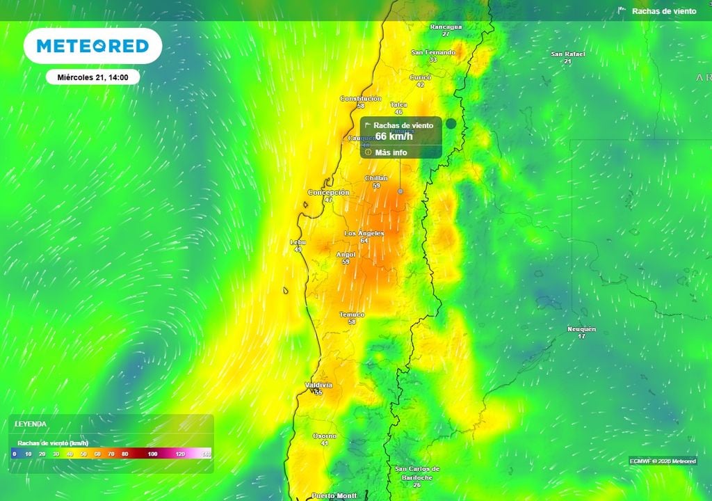Rachas de viento (km/h) para la tarde del miércoles (21) en Chile centro-sur.