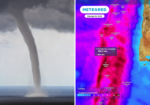 Sobre 120 mm, rachas de 80 km/h, trombas marinas y tormentas el&eacute;ctricas: fin de semana ca&oacute;tico en Chile centro-sur