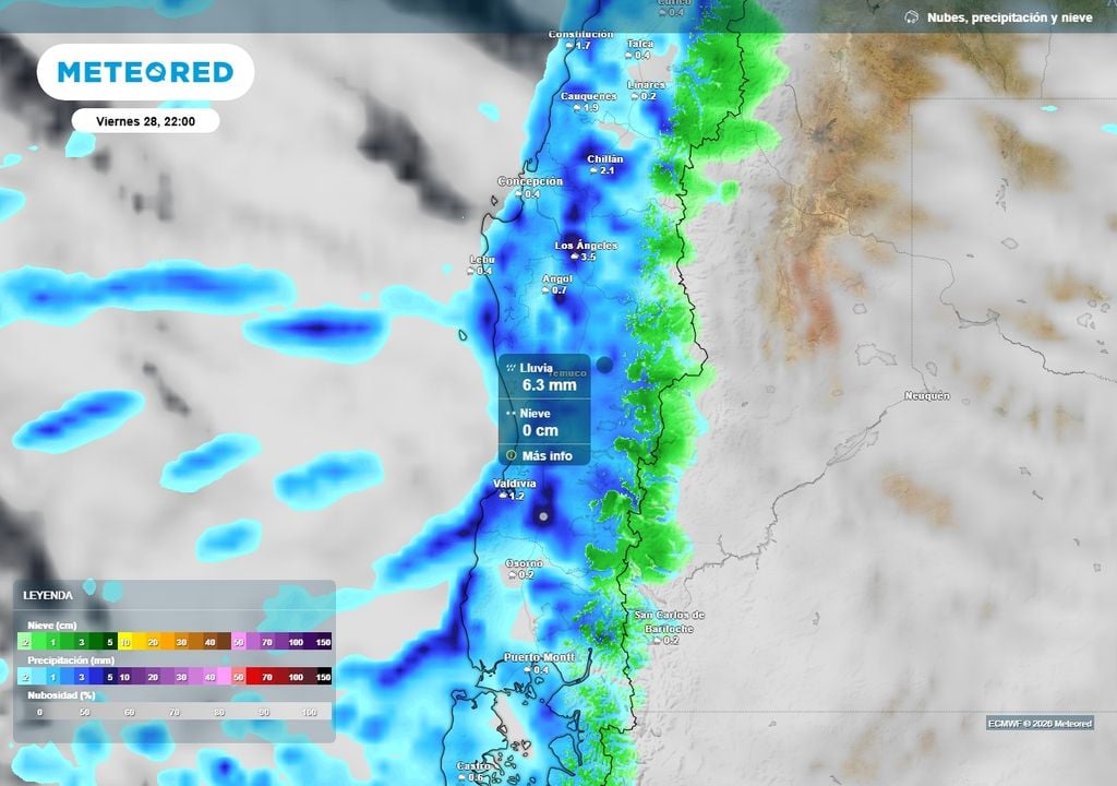 Abundante lluvia en Chile centro-sur el fin de semana Precipitación (mm) para la noche del viernes (28) en el centro-sur de Chile.