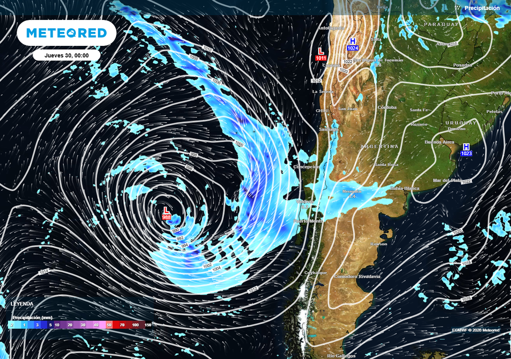 El sistema frontal del jueves (30) será el más intenso de esta semana en esta zona de Chile.