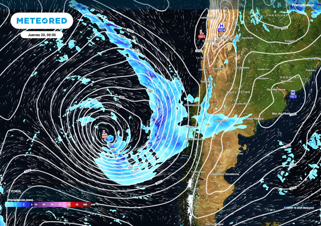 El sistema frontal del jueves (30) será el más intenso de esta semana en esta zona de Chile.