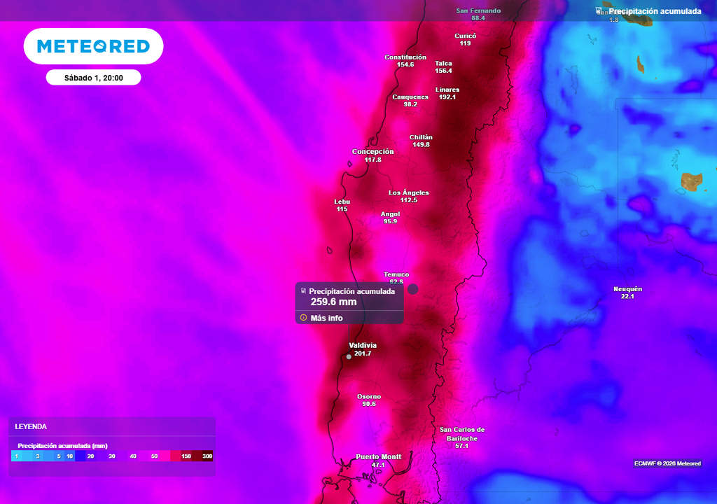 Precipitación acumulada (mm) hasta la noche del sábado 01 de agosto en Chile centro-sur.