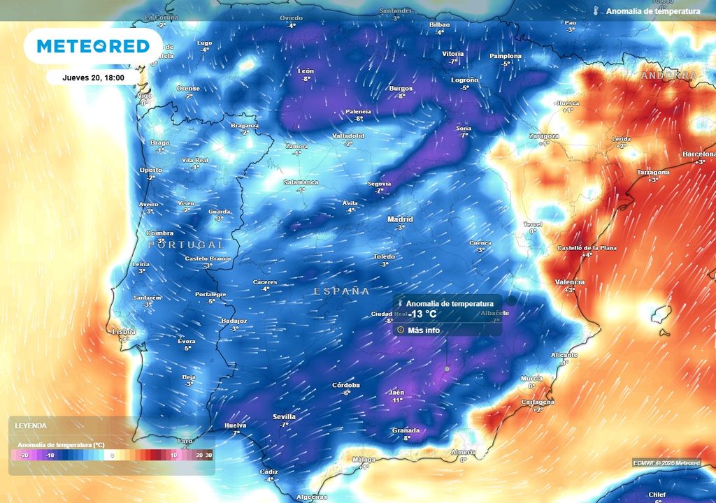 Anomalías de temperatura en España Anomalías de temperatura previstas para la tarde de hoy en la Península. Casi todo el territorio registrará valores muy por debajo de los habituales para estas fechas, a excepción del extremo noreste y algunos puntos del litoral mediterráneo.
