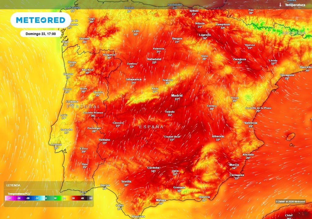 Temperaturas en España Temperaturas previstas en la Península durante la tarde del domingo 23 de agosto. Los termómetros volverán a subir de cara al final de la semana, especialmente en las regiones bañadas por los principales valles fluviales.