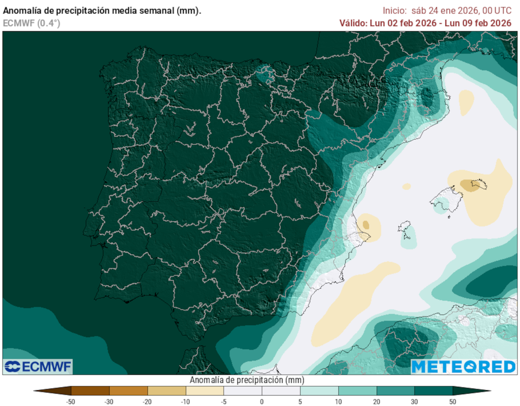 La previsión semanal del modelo europeo muestra precipitaciones muy por encima de la media en casi toda la Península Ibérica durante la próxima semana.
