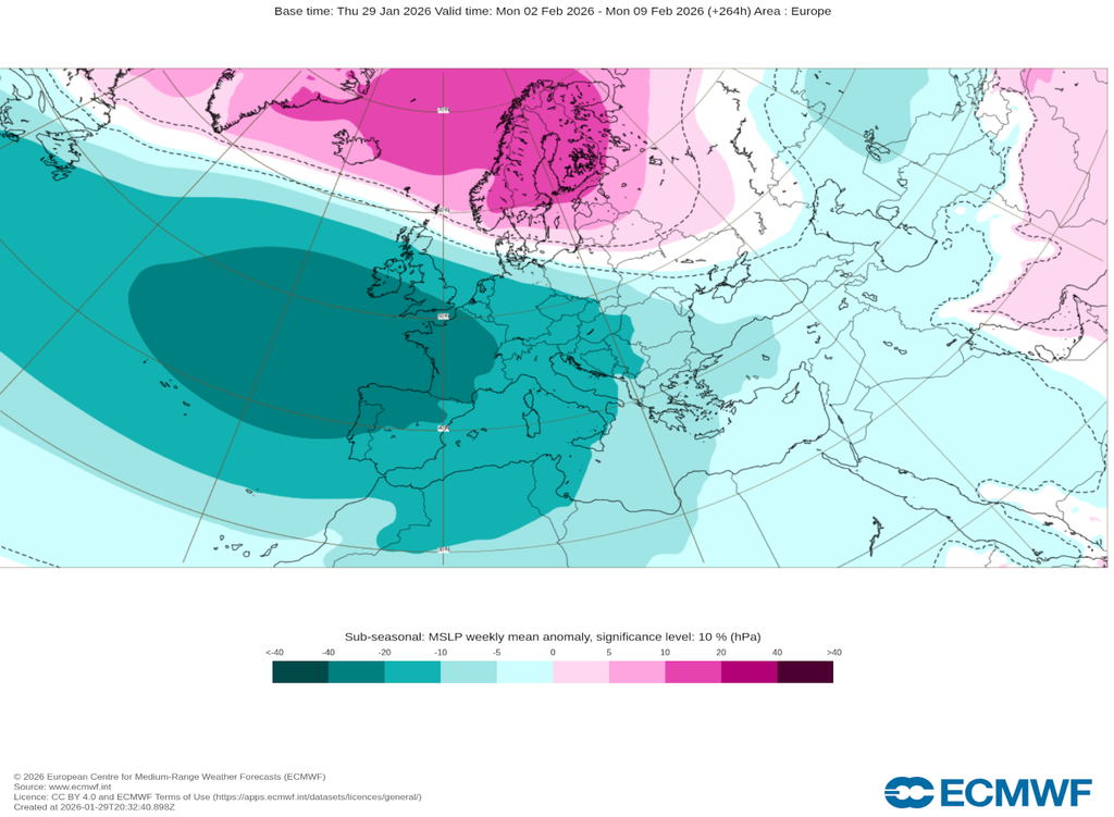 Con el patrón de circulación descrito, las bajas presiones discurrirán por el sur de Europa, con importantes anomalías negativas de presión previstas en la Península la próxima semana.