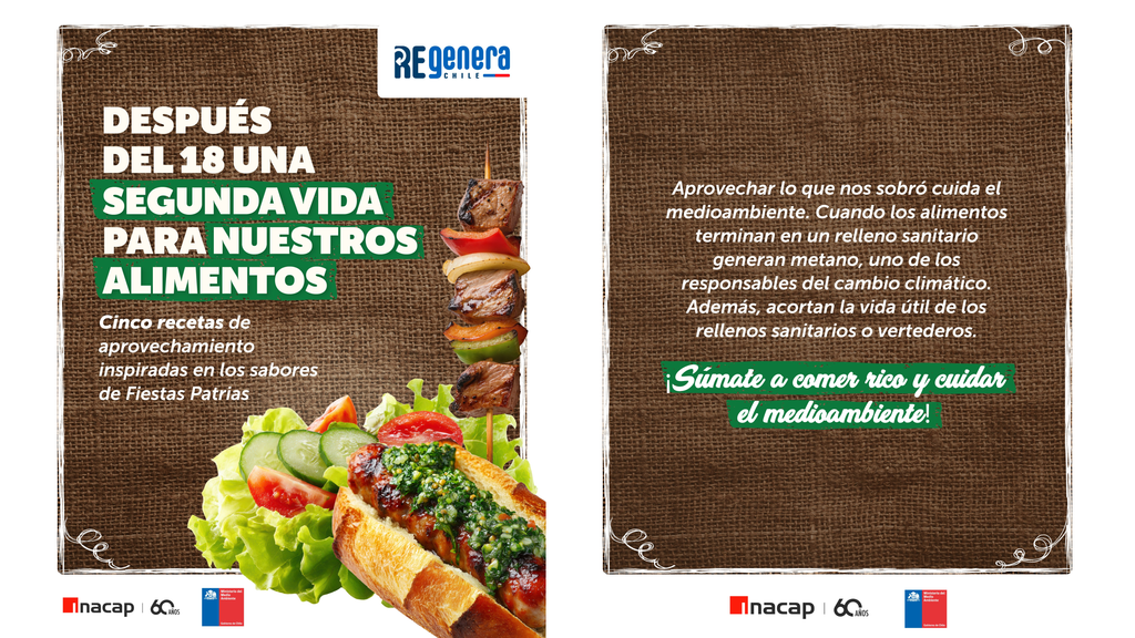 El recetario “Después del 18: una segunda vida para nuestros alimentos” propone cinco preparaciones para reutilizar sobras de Fiestas Patrias y reducir el desperdicio de comida. Crédito: Ministerio del Medio Ambiente / INACAP.