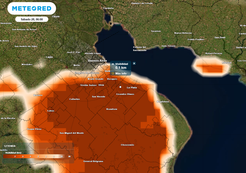 Mapa de visibilidad reducida durante la mañana del sábado 28, por formación de neblinas y densos bancos de niebla. Mapa: Meteored Argentina.