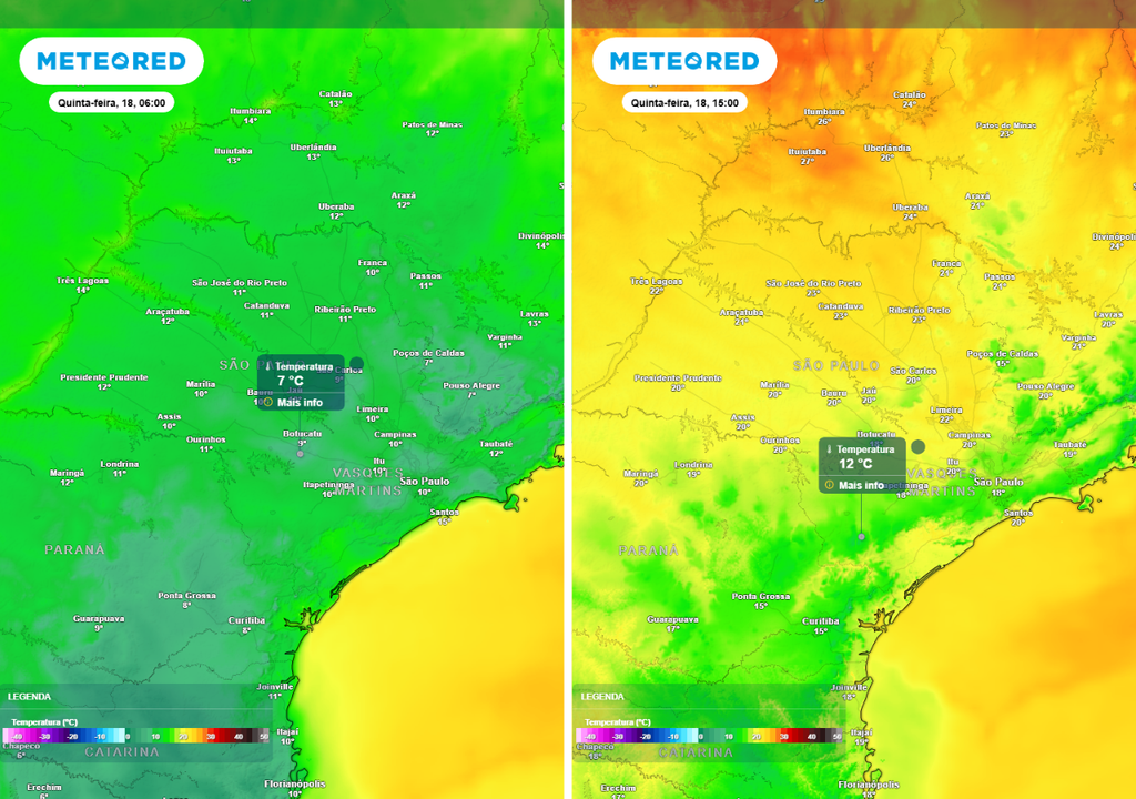 Previsão das temperaturas mínima à esquerda e máxima à direita para quinta-feira (18), segundo o modelo europeu ECMWF.